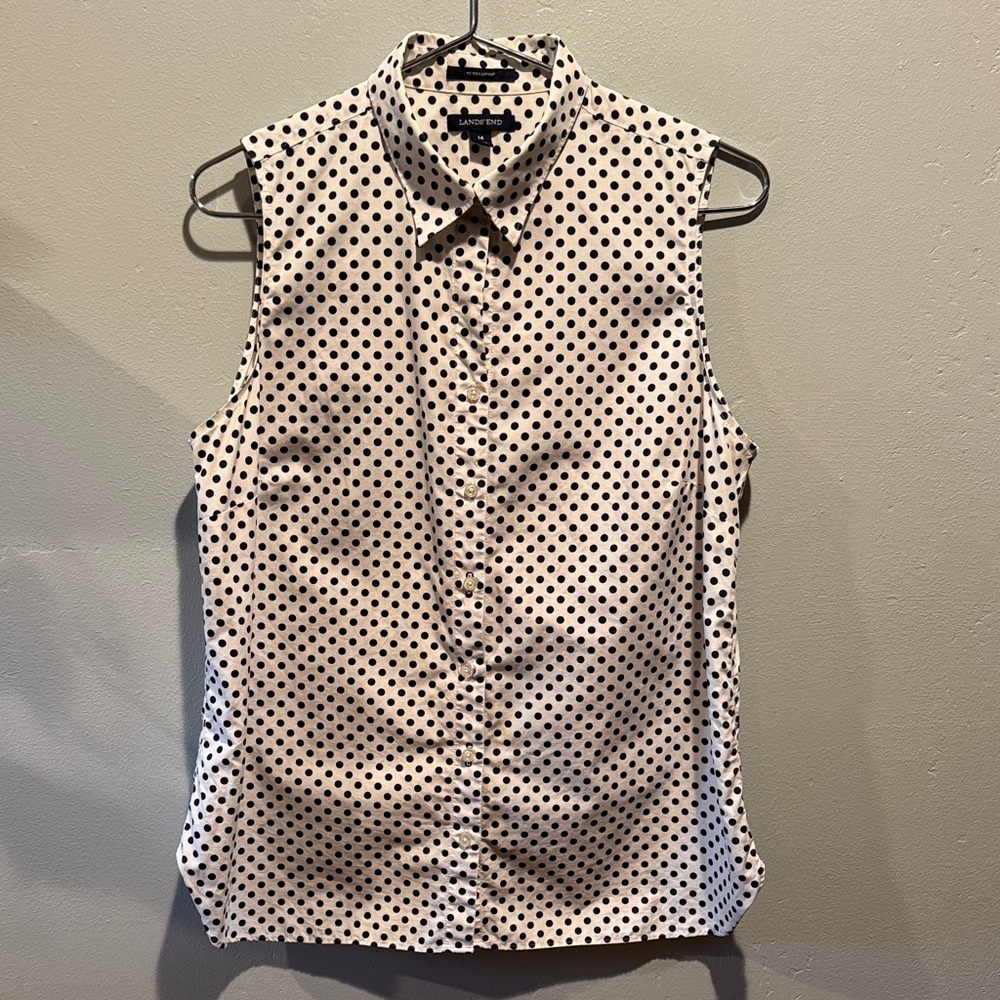 Lands' End Black and White Polka Dot No Iron Supima Sleeveless Button Down Shirt